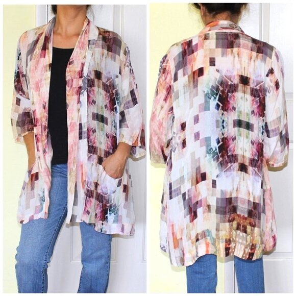 APNY Burgundy Abstract Long women's Cardigan multicolor open frontKimono Size L? - Picture 1 of 16